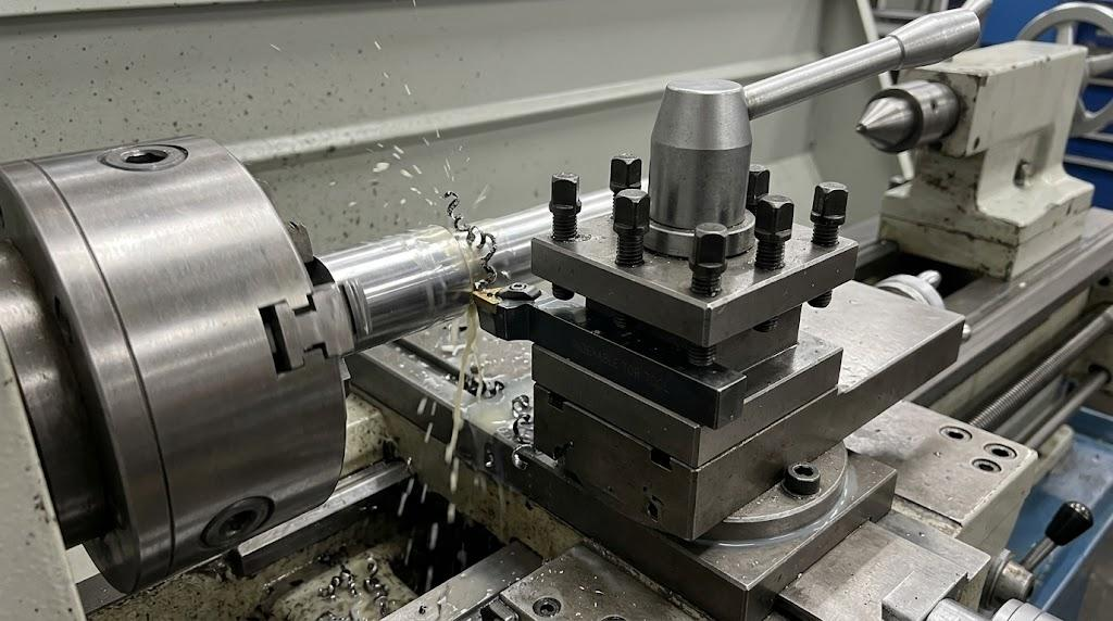 Lathe tool holder clamping cutting tool during metal turning process.png