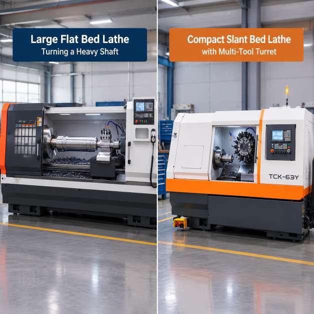 Side by side comparison of a flat bed and a slant bed CNC horizontal lathe