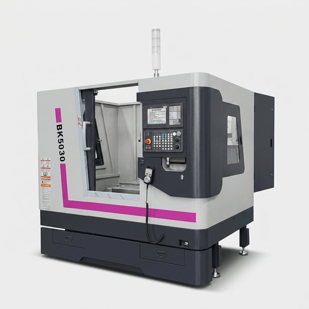 BK5030 CNC slotting machine side view showing full protection enclosure and main drive housing by MFG
