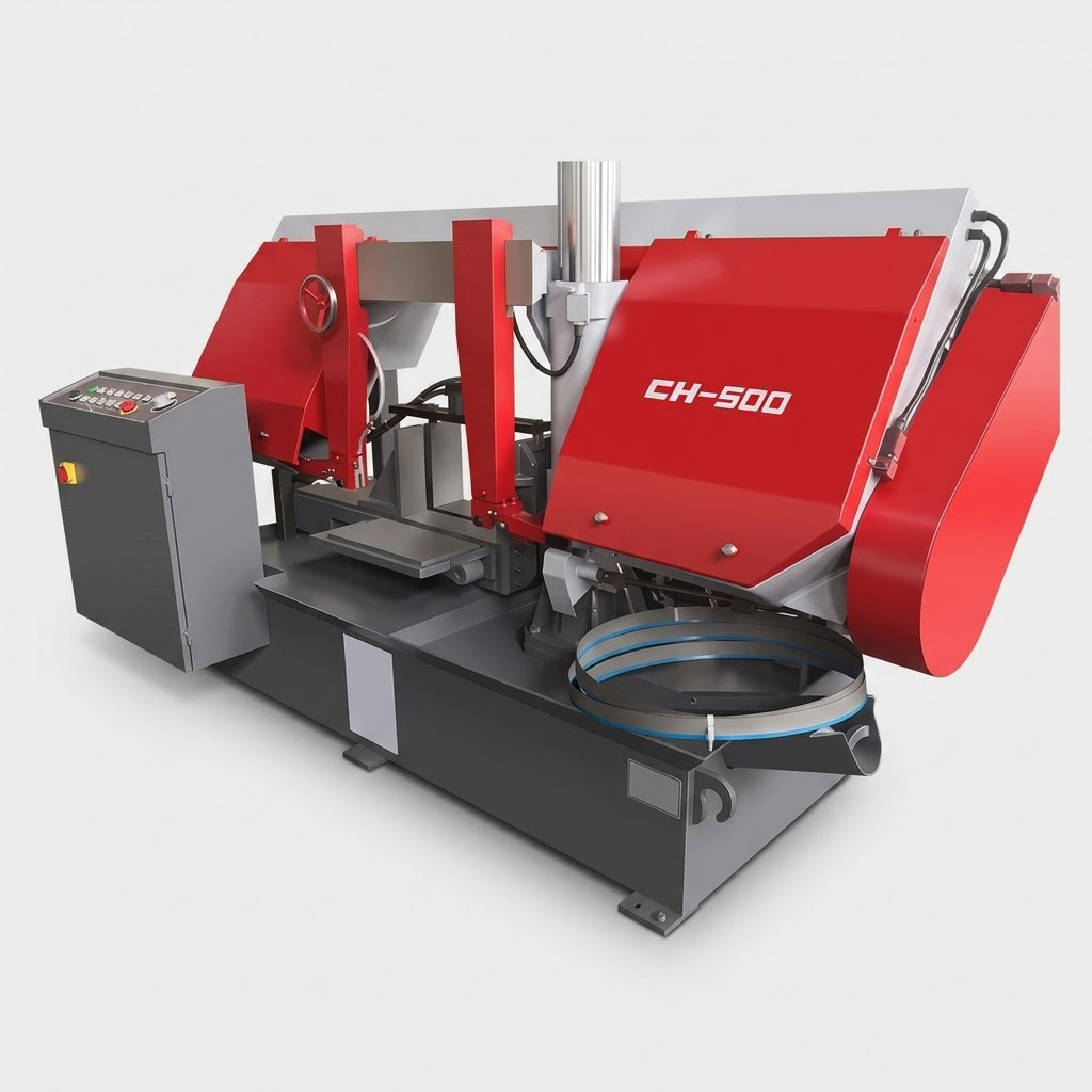CH-500 metal cutting bandsaw side detail real shot showing feeding system by MFG