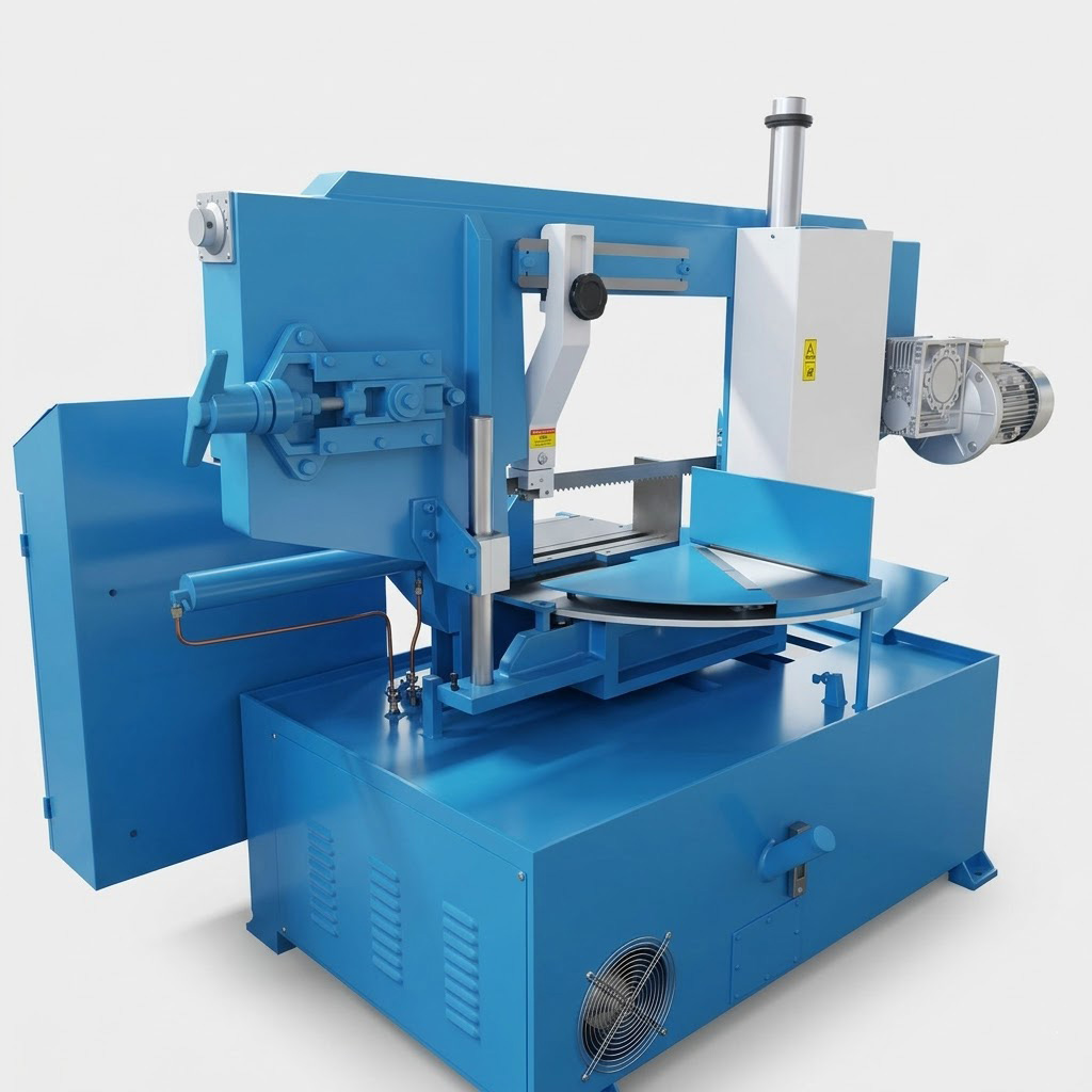 CH-300S metal cutting bandsaw rear side rendered profile displaying heavy duty structure by MFG