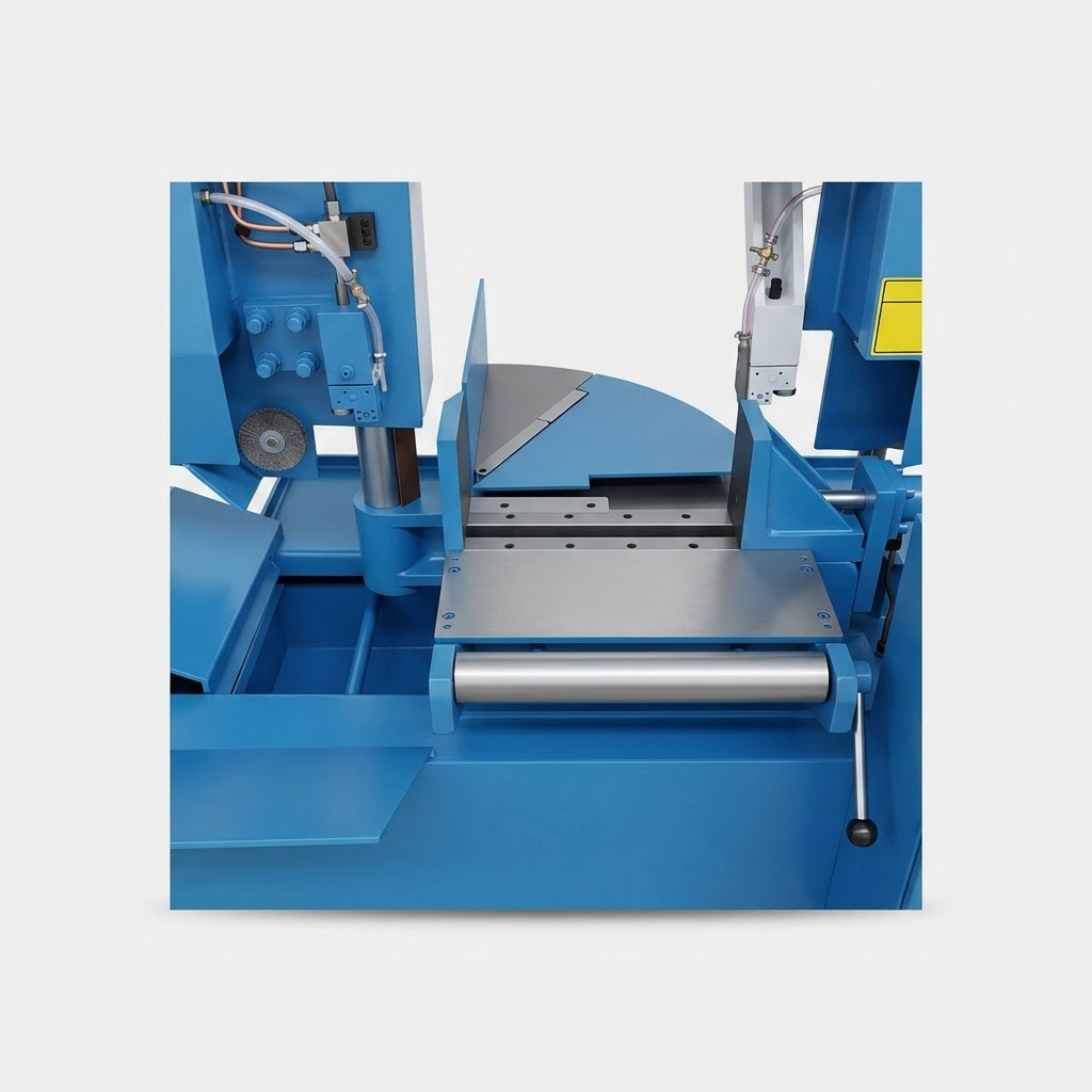 CH-300S heavy duty band saw detail view highlighting rotary angle cutting mechanism by MFG