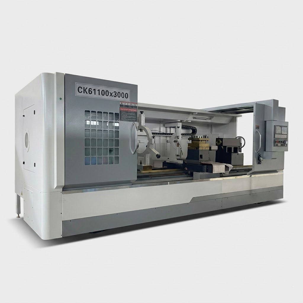 CK61100 1000mm swing heavy duty flat bed CNC lathe side rendering view showing machine profile