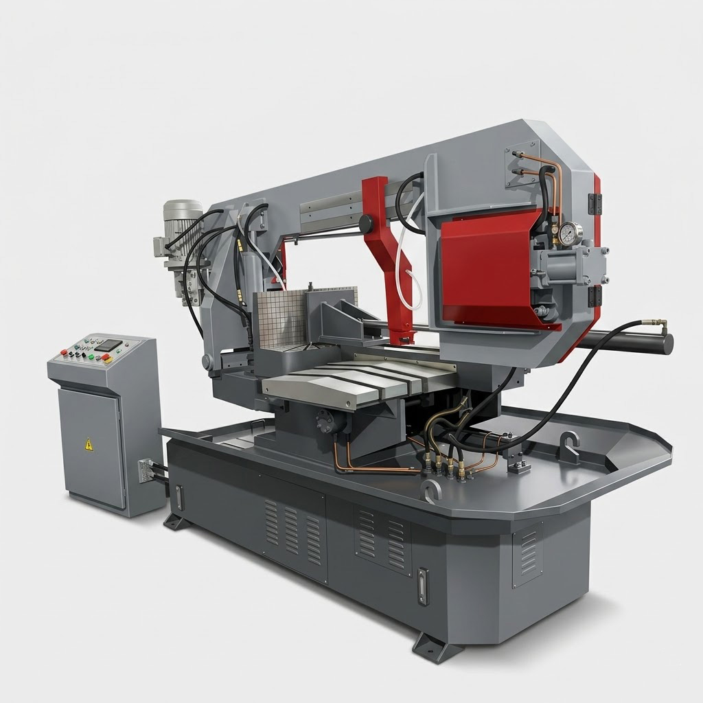 CLS-650 metal profile cutting bandsaw side rendered profile displaying scissors structure by MFG • ￼