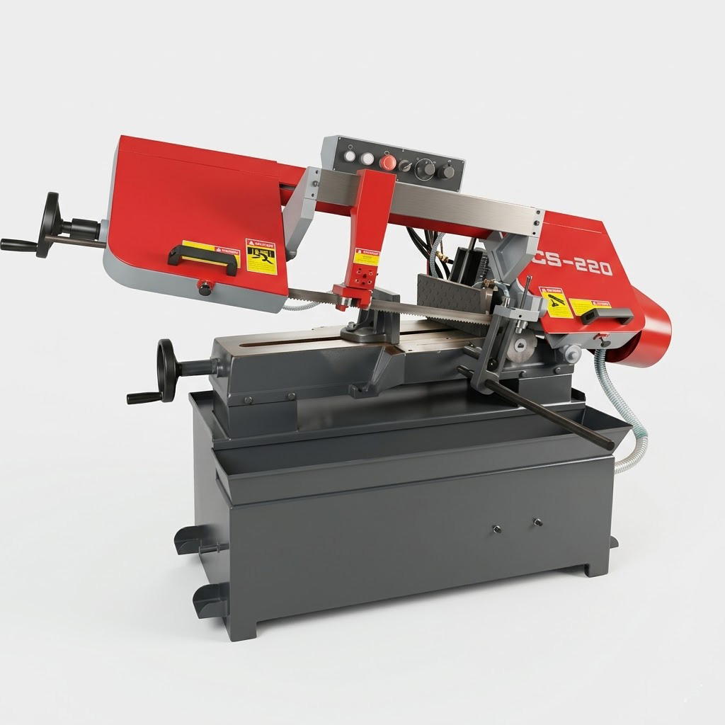 Left side view of MFG CS-220 scissor type metal band saw for cutting steel tubes and bars
