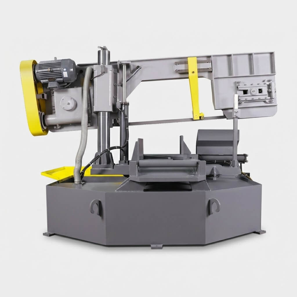 GX1-4550S double column rotary band saw rear view showing worm gear box transmission and hydraulic station by MFG