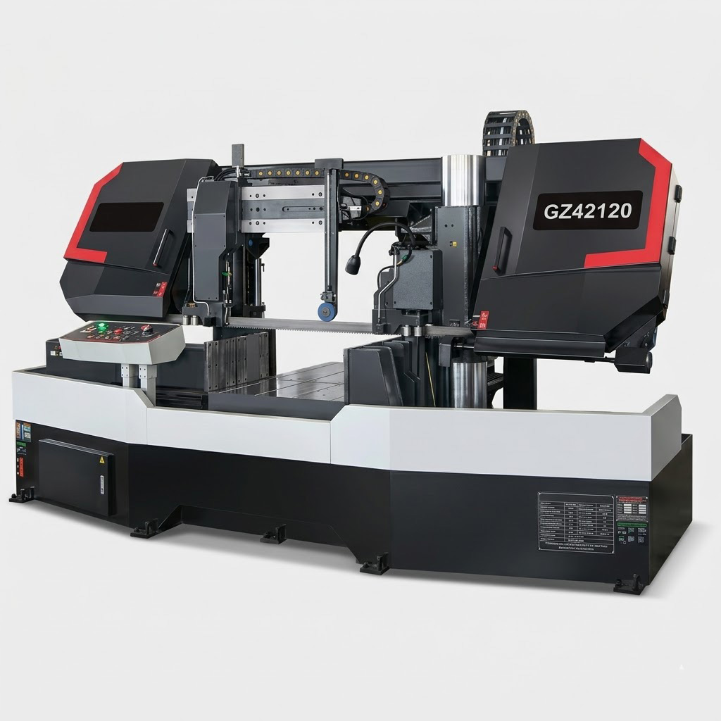 GZ42120 semi automatic horizontal straight cutting bandsaw front rendered view by MFG