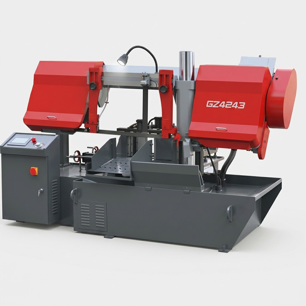 GZ4243 fully automatic PLC horizontal straight cutting bandsaw front view by MFG