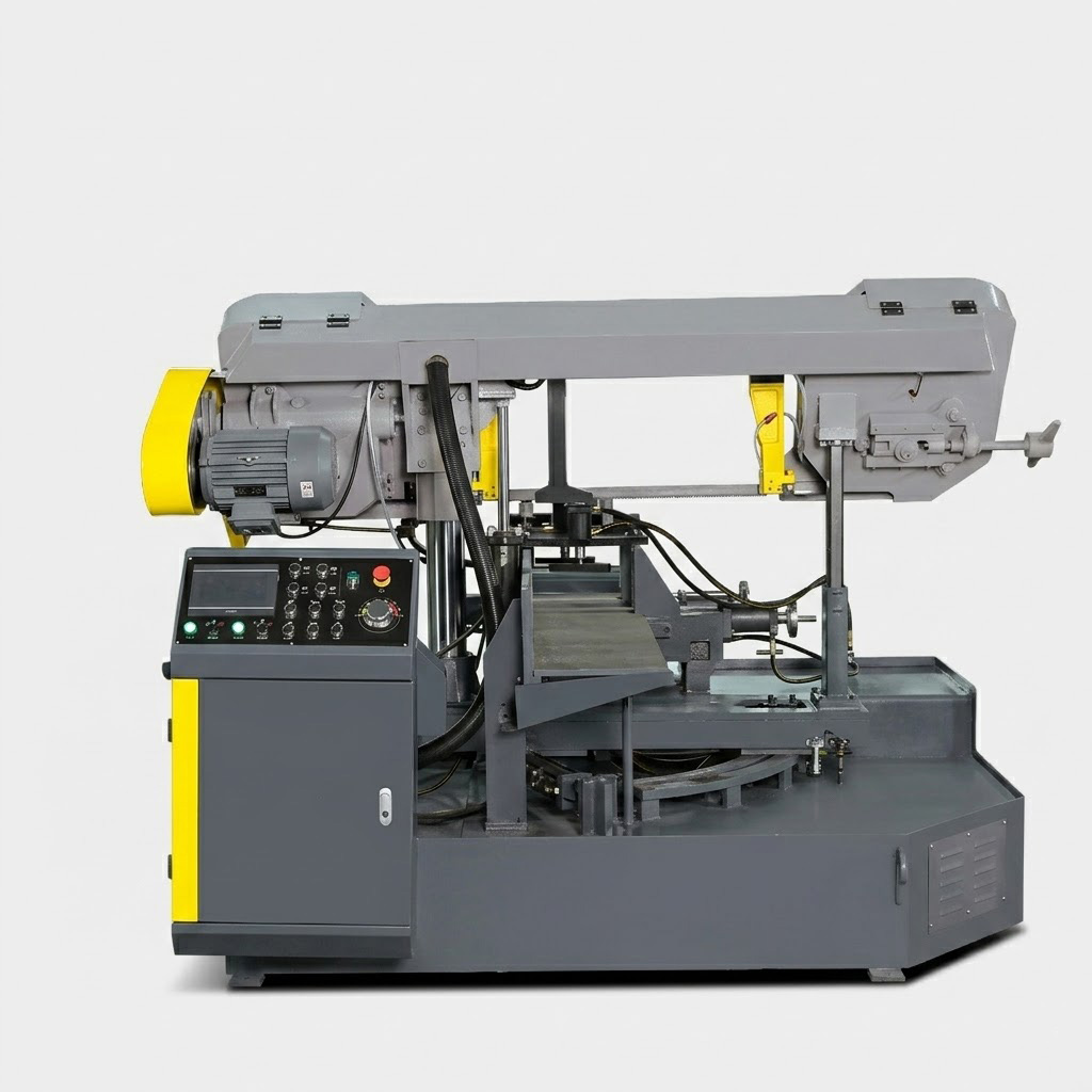 HX-33N fully automatic CNC horizontal rotary angle bandsaw front view with PLC touch screen and hydraulic miter system by MFG