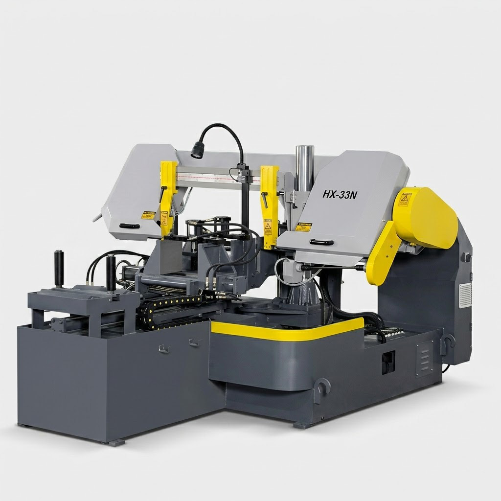 HX-33N fully automatic CNC horizontal rotary angle bandsaw for metal pipes and profiles by MFG