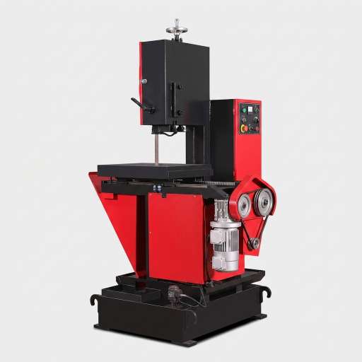 LM-33-25-50 vertical band saw side close up showing heavy duty welded bow frame and precision linear guides by MFG