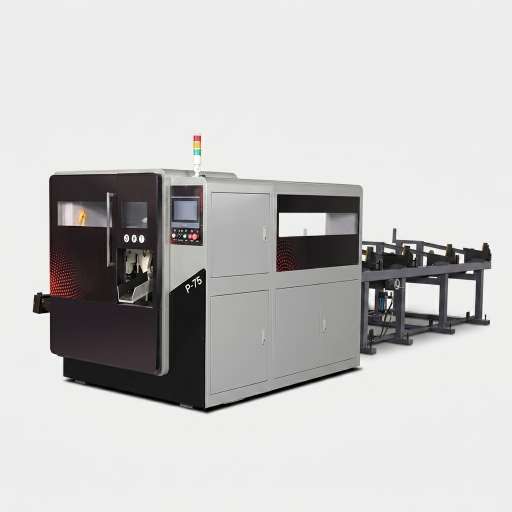 Fully automatic 75mm circular saw right side view showing Mitsubishi PLC control panel and chip conveyor by MFG