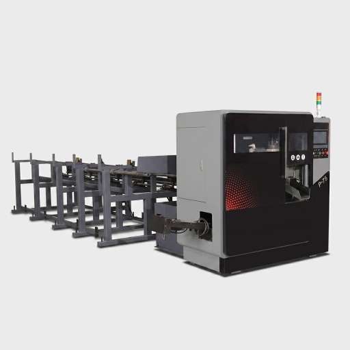 P-75 high speed CNC metal circular saw machine left view with automatic servo feeding system by MFG