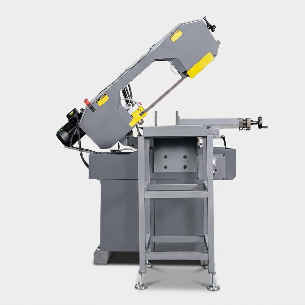 PX-17-31S semi automatic scissor type band saw side view rendering showing rigid pivot bow frame and handwheel roller feed by MFG