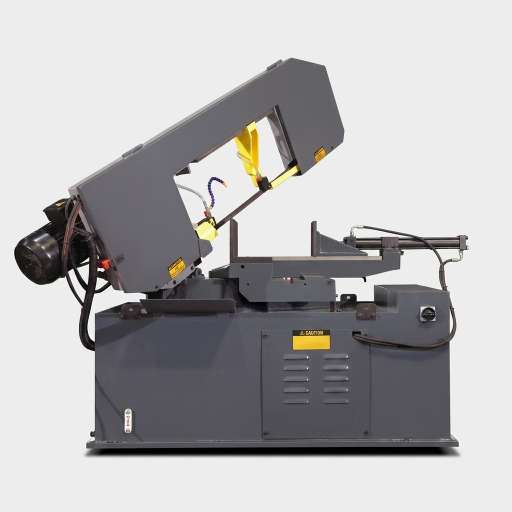PX-25-46S semi automatic scissor type band saw rear view showing direct drive worm gear transmission and rigid hinge structure by MFG