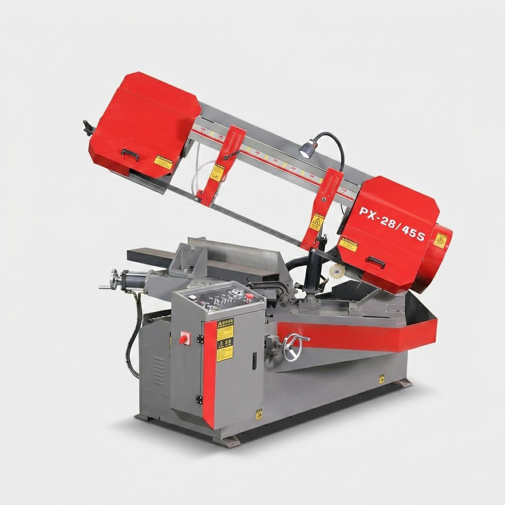 PX-28/45S semi automatic scissor type band saw for 280x450mm metal profiles by MFG