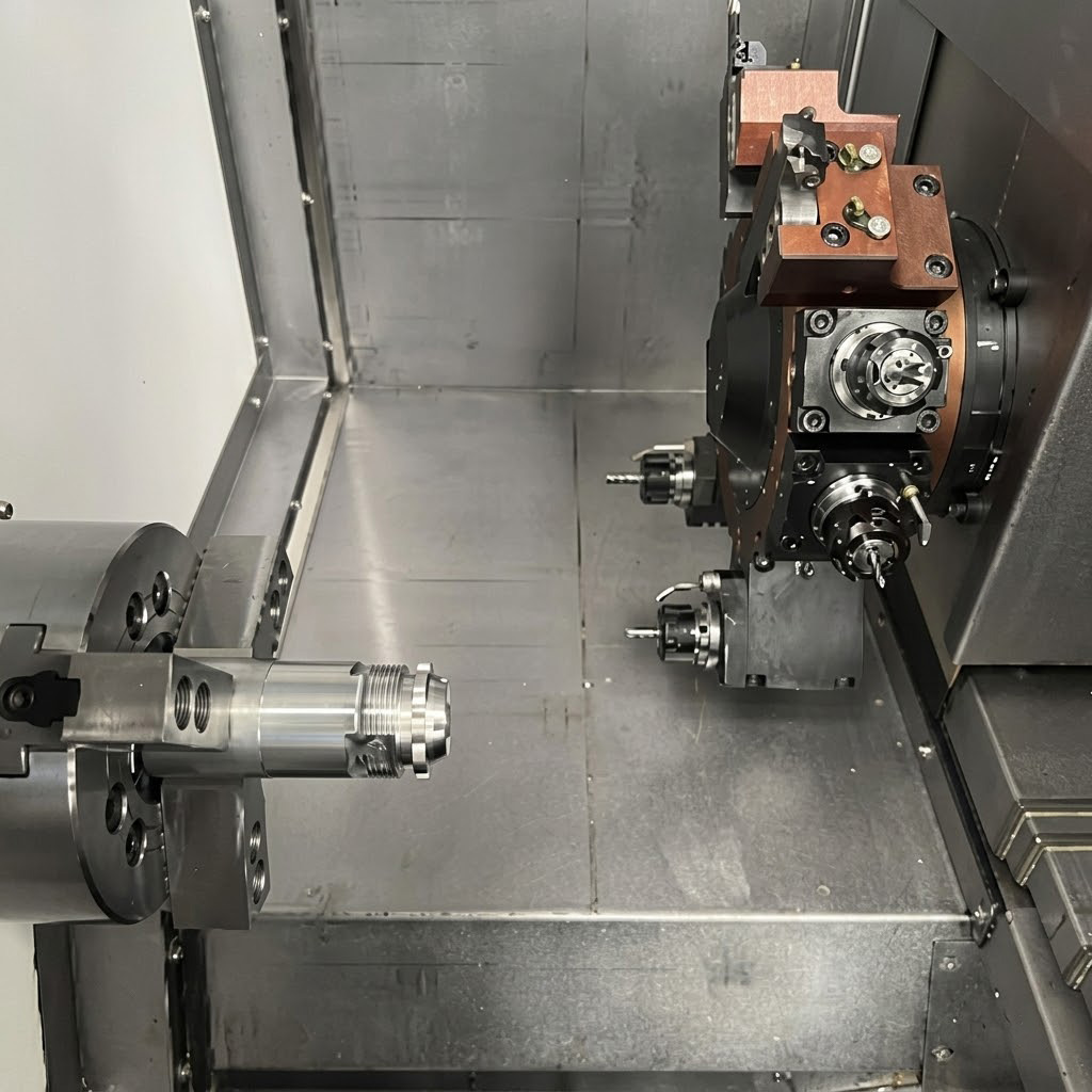 Y axis powered turret performing off center milling on dual spindle turning center