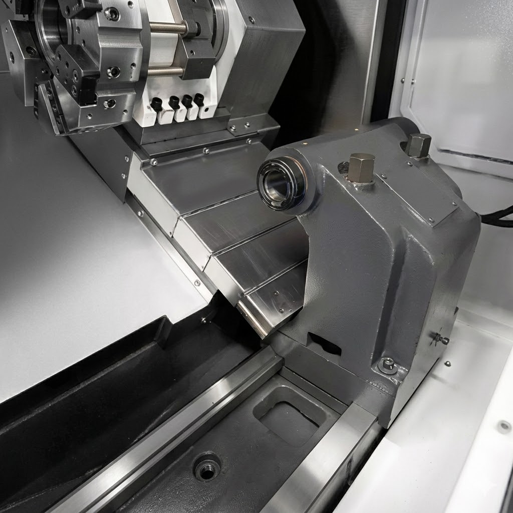 Live tooling turret performing radial Y axis milling on TCK50A CNC lathe
