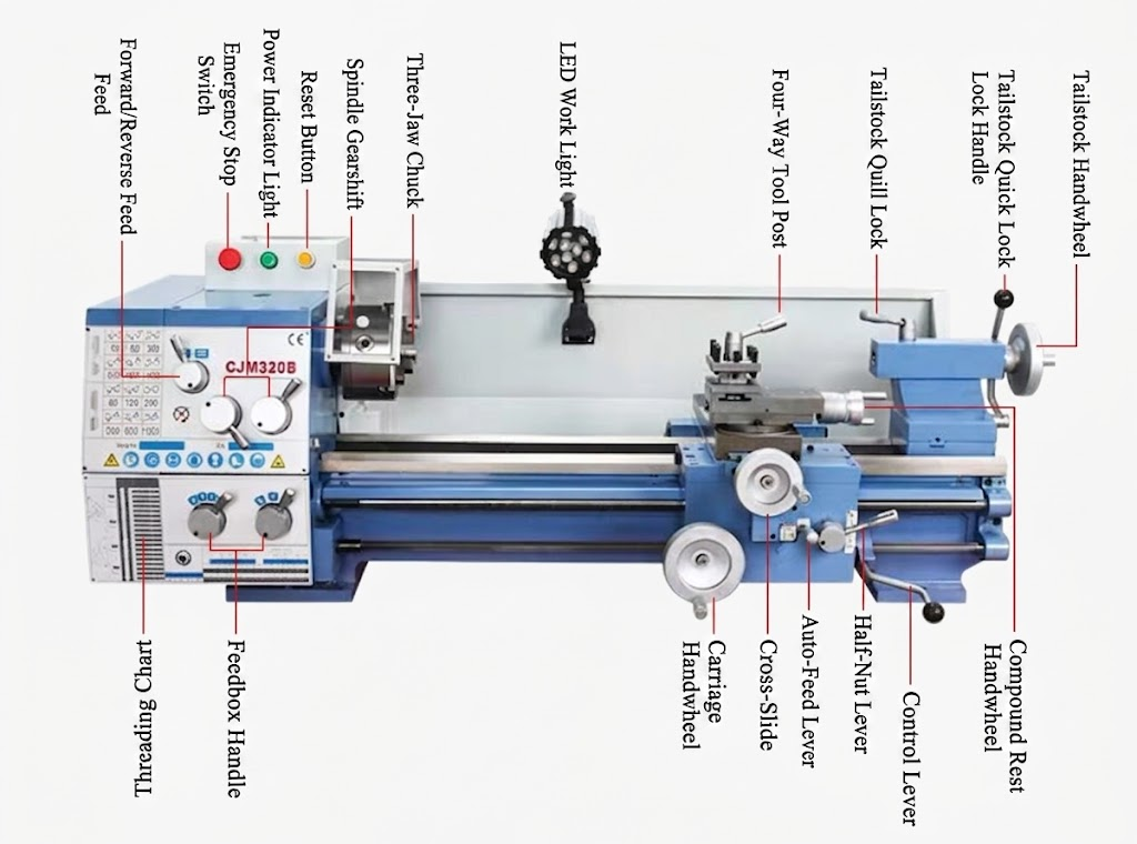 Bench lathe maintaining low speed while cutting a large steel workpiece