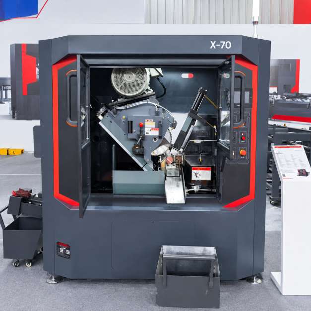 Front view of X-70 automatic metal cutting saw showing 11kW spindle motor structure by MFG